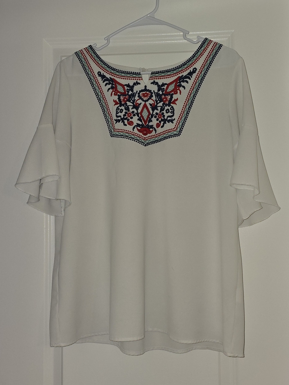 SHEIN White Blouse with Red and Navy Embroidered Yoke